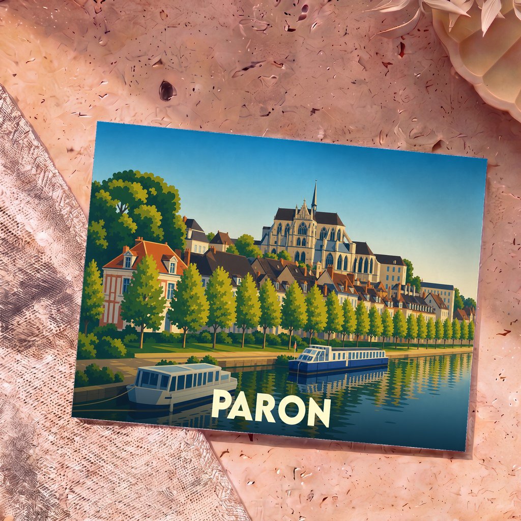 Carte postale souvenir de la ville de Paron avec une illustration stylisée des bords de l'Yonne et de sa cathédrale.