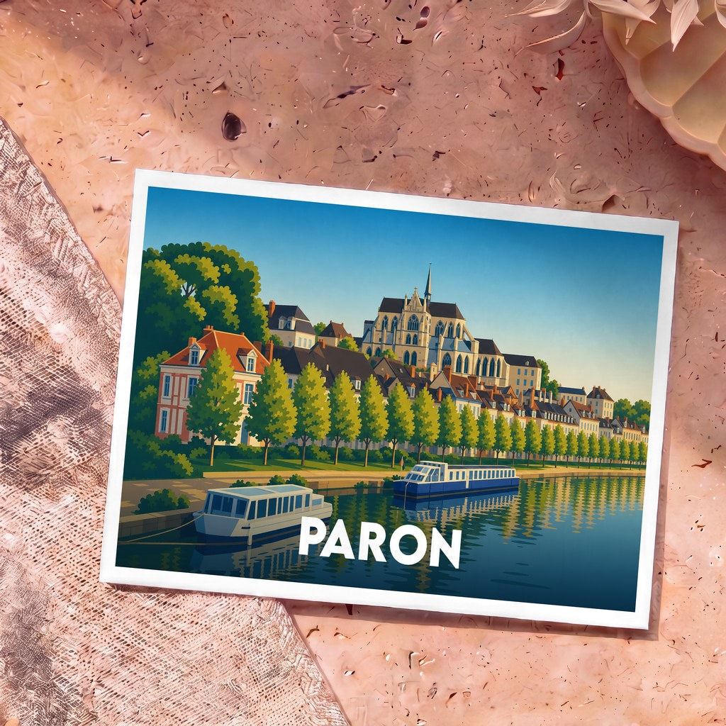 Carte postale souvenir de la ville de Paron avec une illustration stylisée des bords de l'Yonne et de sa cathédrale.