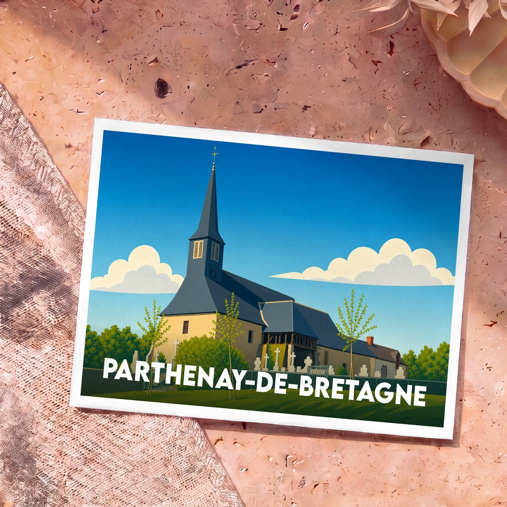 Carte postale souvenir de la ville de Parthenay-de-Bretagne avec une illustration stylisée de son église.