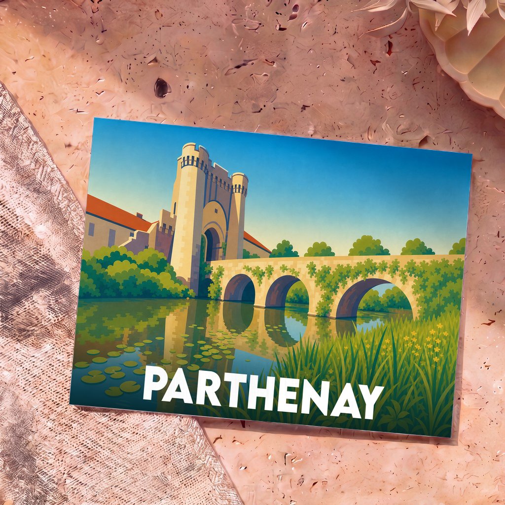 Carte postale souvenir de la ville de Parthenay avec une illustration stylisée de son pont médiéval et de sa porte fortifiée.