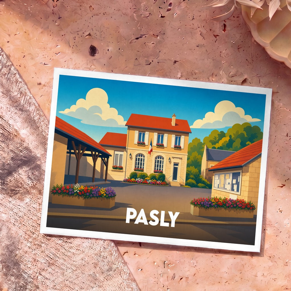 Carte postale souvenir de la ville de Pasly avec une illustration colorée et stylisée de sa mairie fleurie.