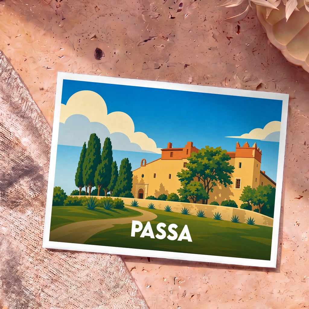 Carte postale souvenir de la ville de Passa avec une illustration stylisée d'un domaine provençal sous un ciel bleu.
