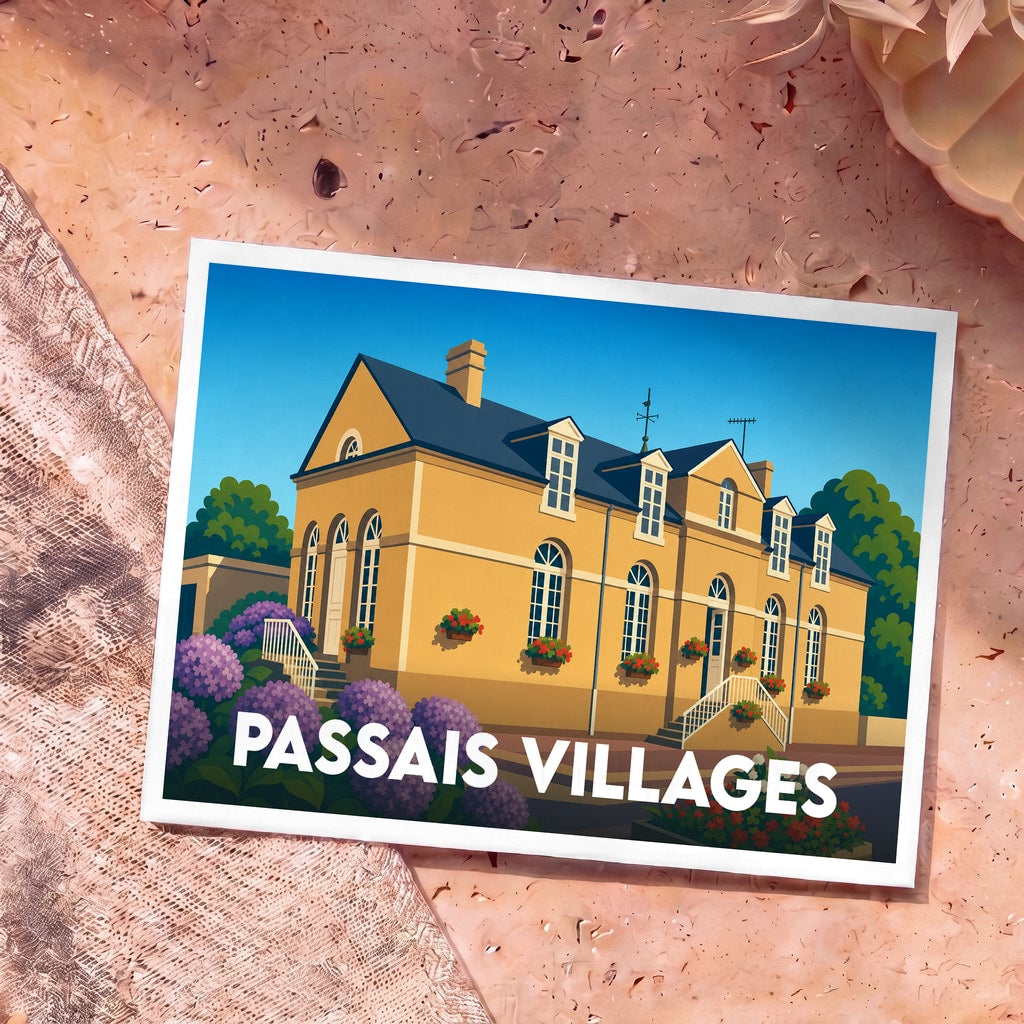 Carte postale souvenir de Passais Villages avec une illustration stylisée d'une grande demeure fleurie.