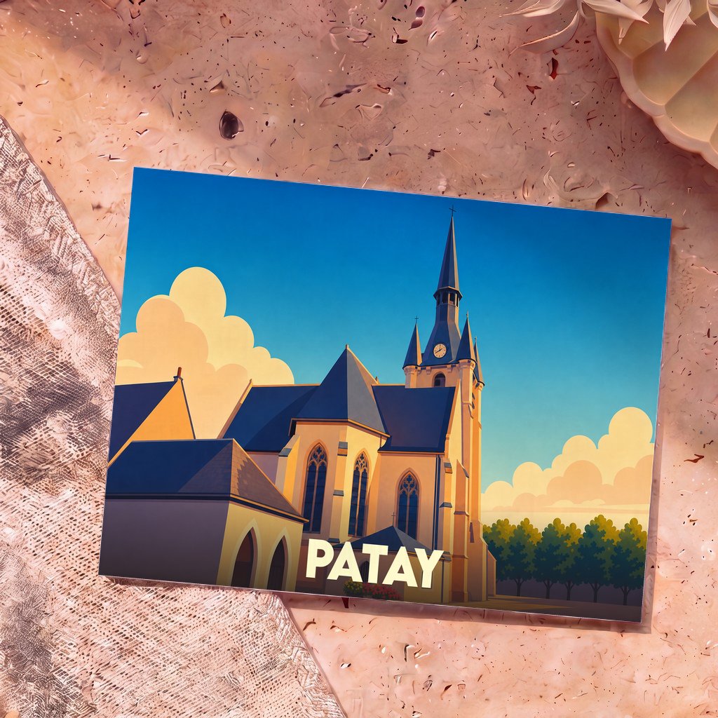 Carte postale souvenir de la ville de Patay avec une illustration stylisée de son église sous un ciel ensoleillé.