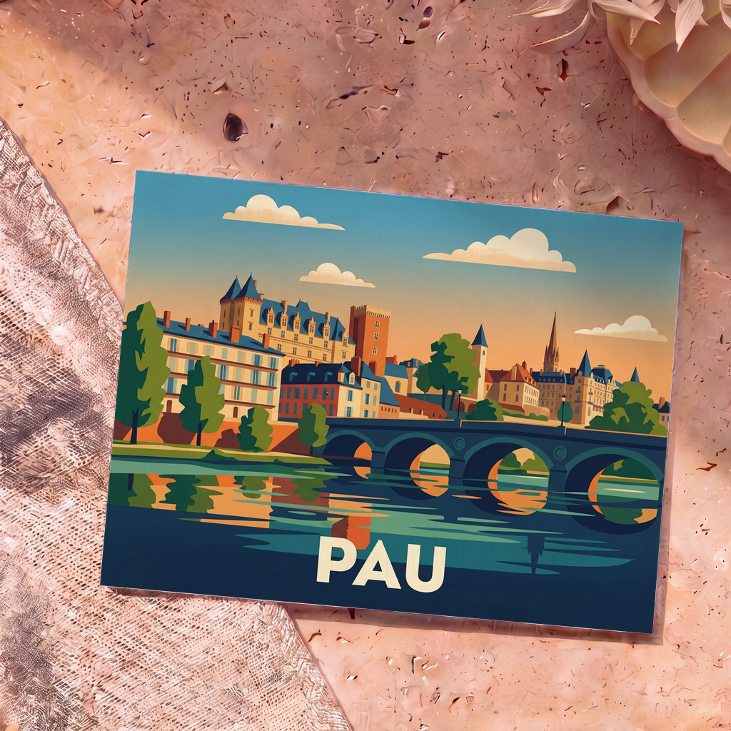 Carte postale souvenir de la ville de Pau avec une illustration stylisée de son château et de son pont.