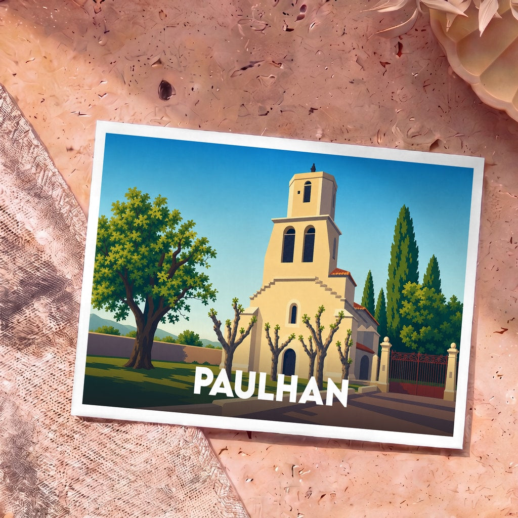 Carte postale souvenir de la ville de Paulhan avec une illustration stylisée de son église et de sa végétation.