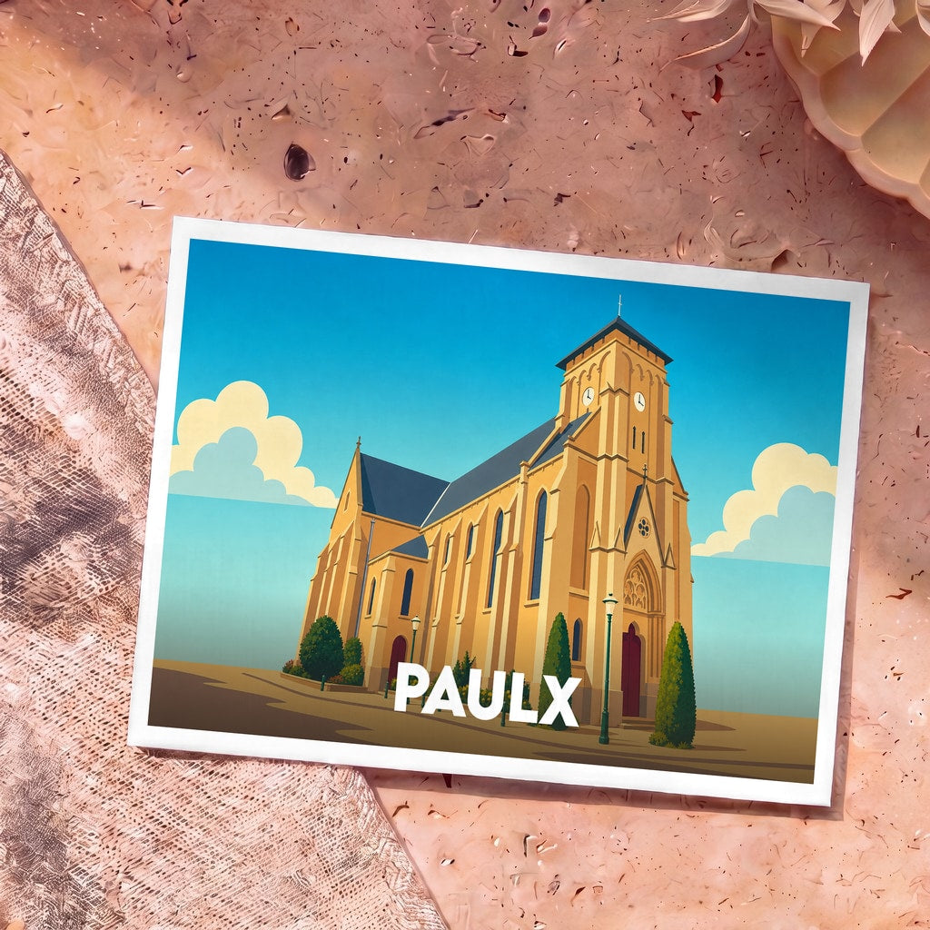 Carte postale souvenir de la ville de Paulx avec une illustration stylisée de son église sous un ciel bleu.