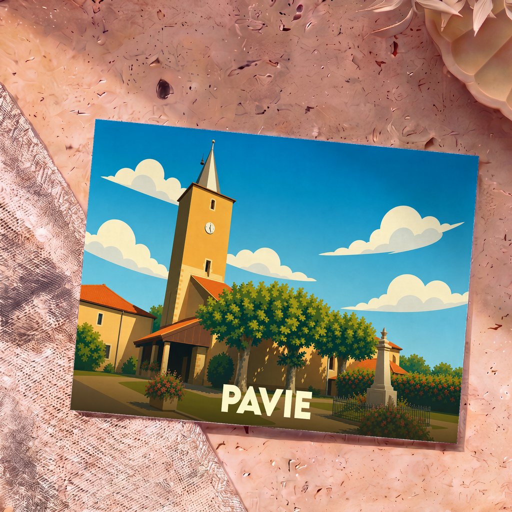 Carte postale souvenir de la ville de Pavie avec une illustration stylisée de son église et de son clocher.