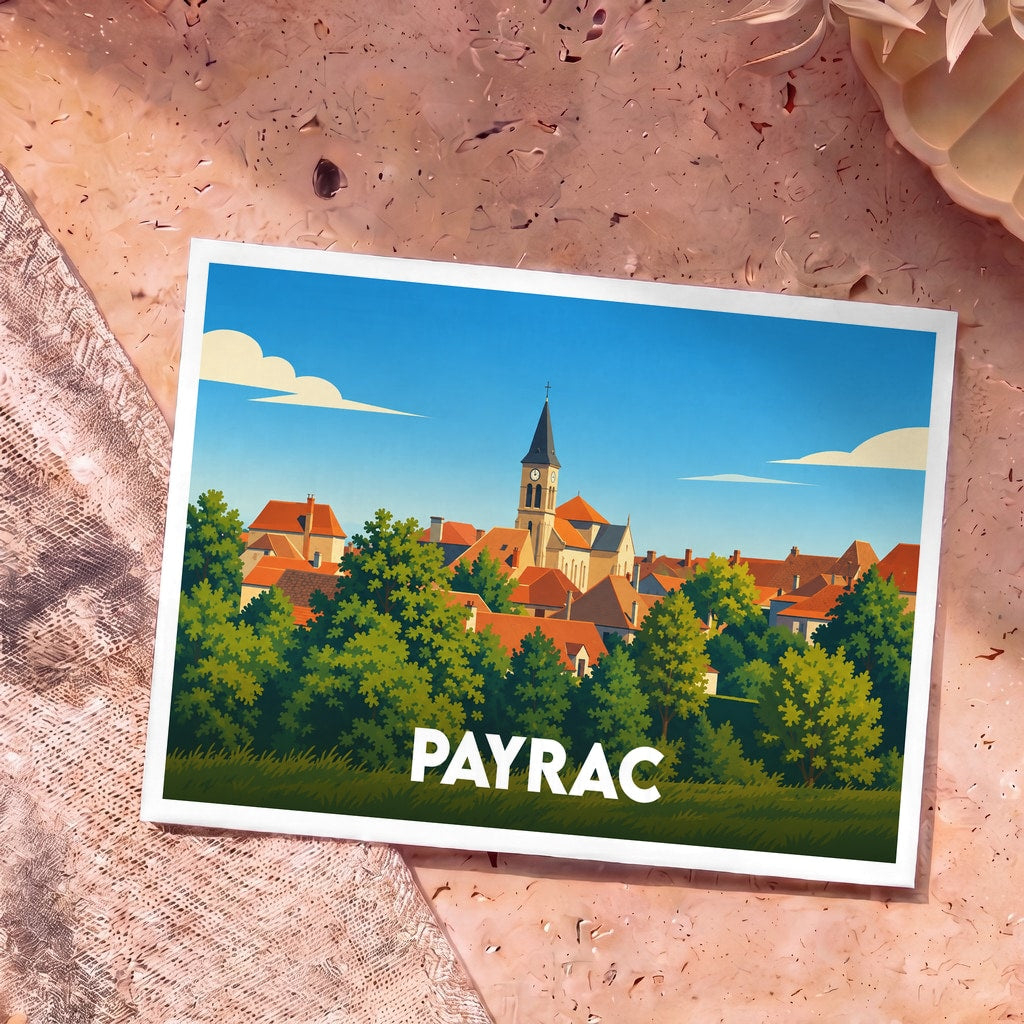 Carte postale souvenir de la ville de Payrac avec une illustration stylisée de son église et de ses toits.
