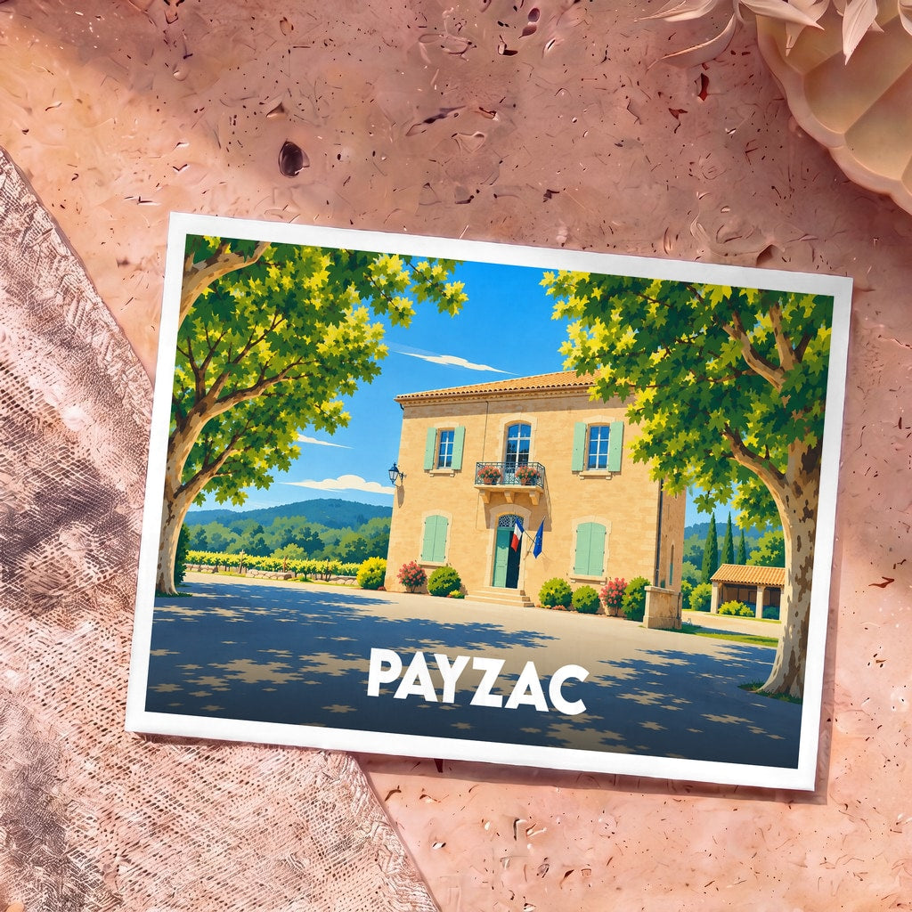 Carte postale souvenir de la ville de Payzac avec une illustration stylisée d'une bâtisse provençale sous des platanes.