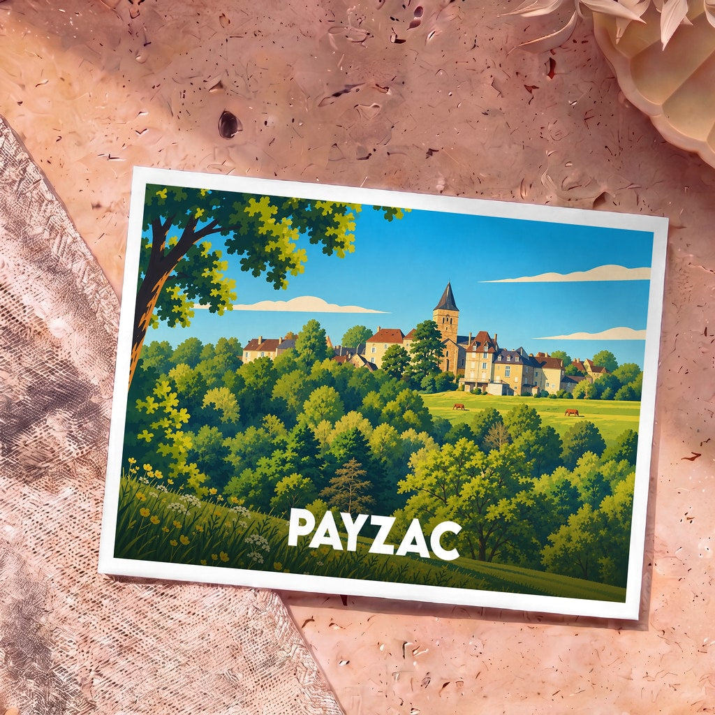 Carte postale souvenir de Payzac représentant une illustration stylisée du village perché au-dessus d'une vallée boisée.