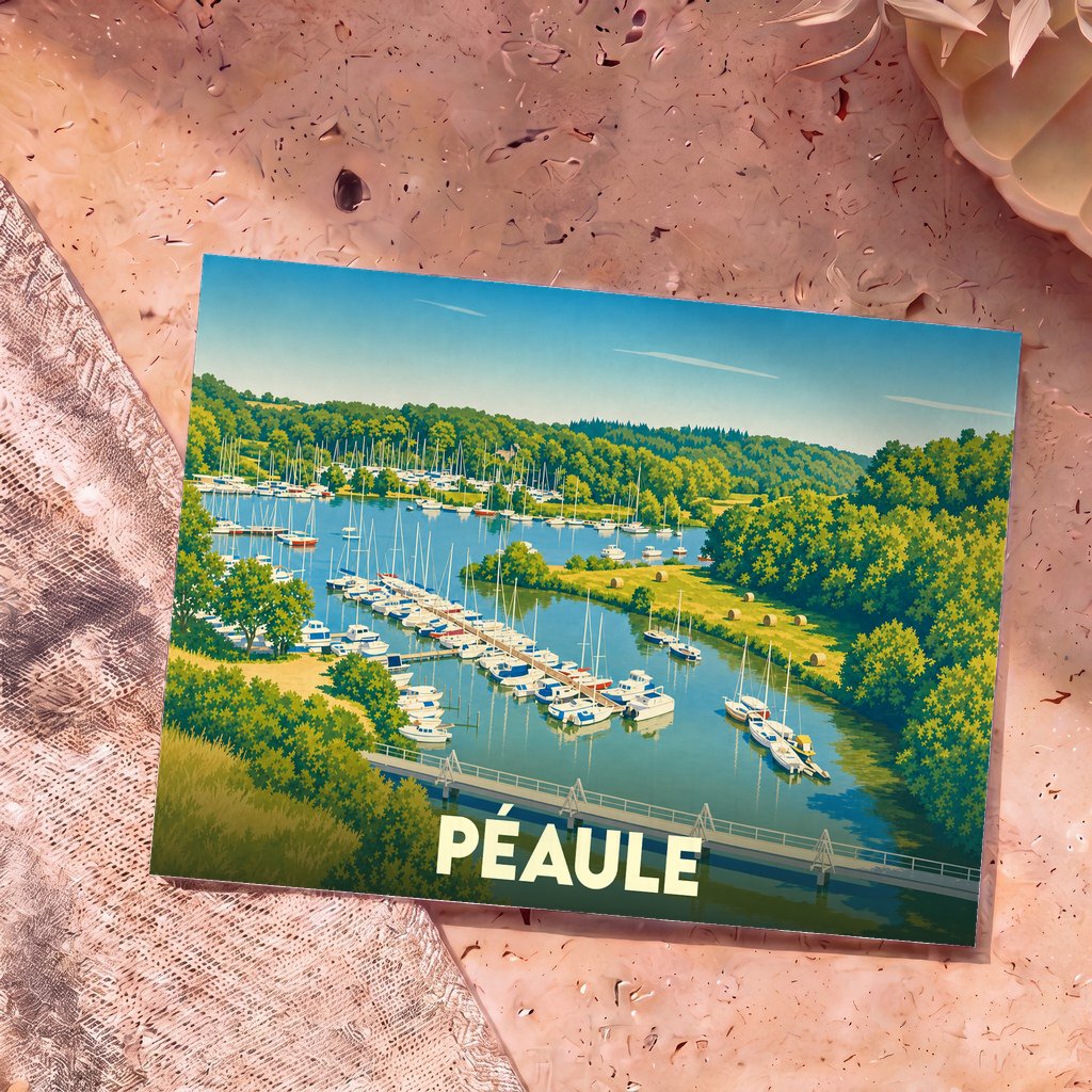 Carte postale souvenir de la ville de Péaule avec une illustration stylisée d'un port de plaisance verdoyant.