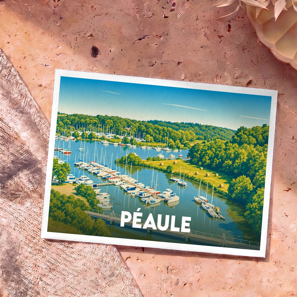 Carte postale souvenir de la ville de Péaule avec une illustration stylisée d'un port de plaisance verdoyant.