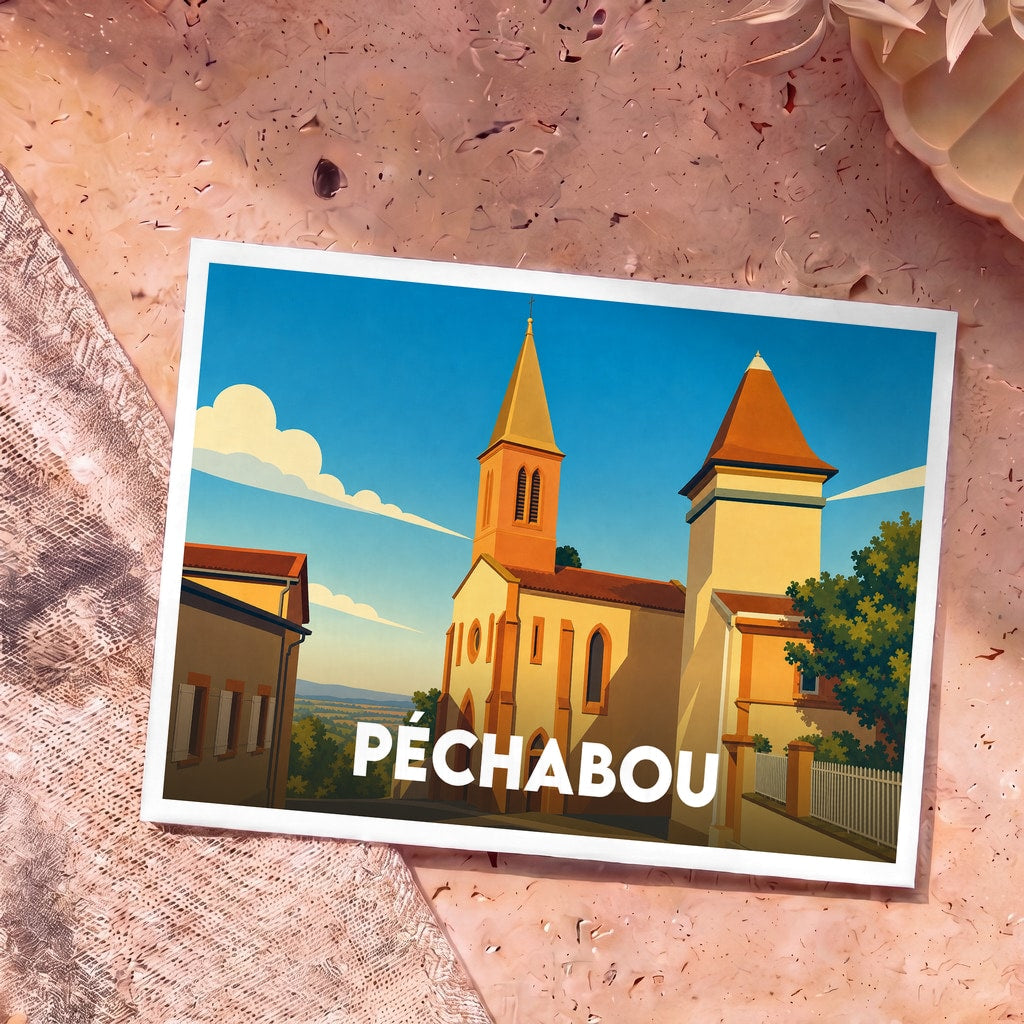 Carte postale souvenir de la ville de Péchabou avec une illustration stylisée de son église.