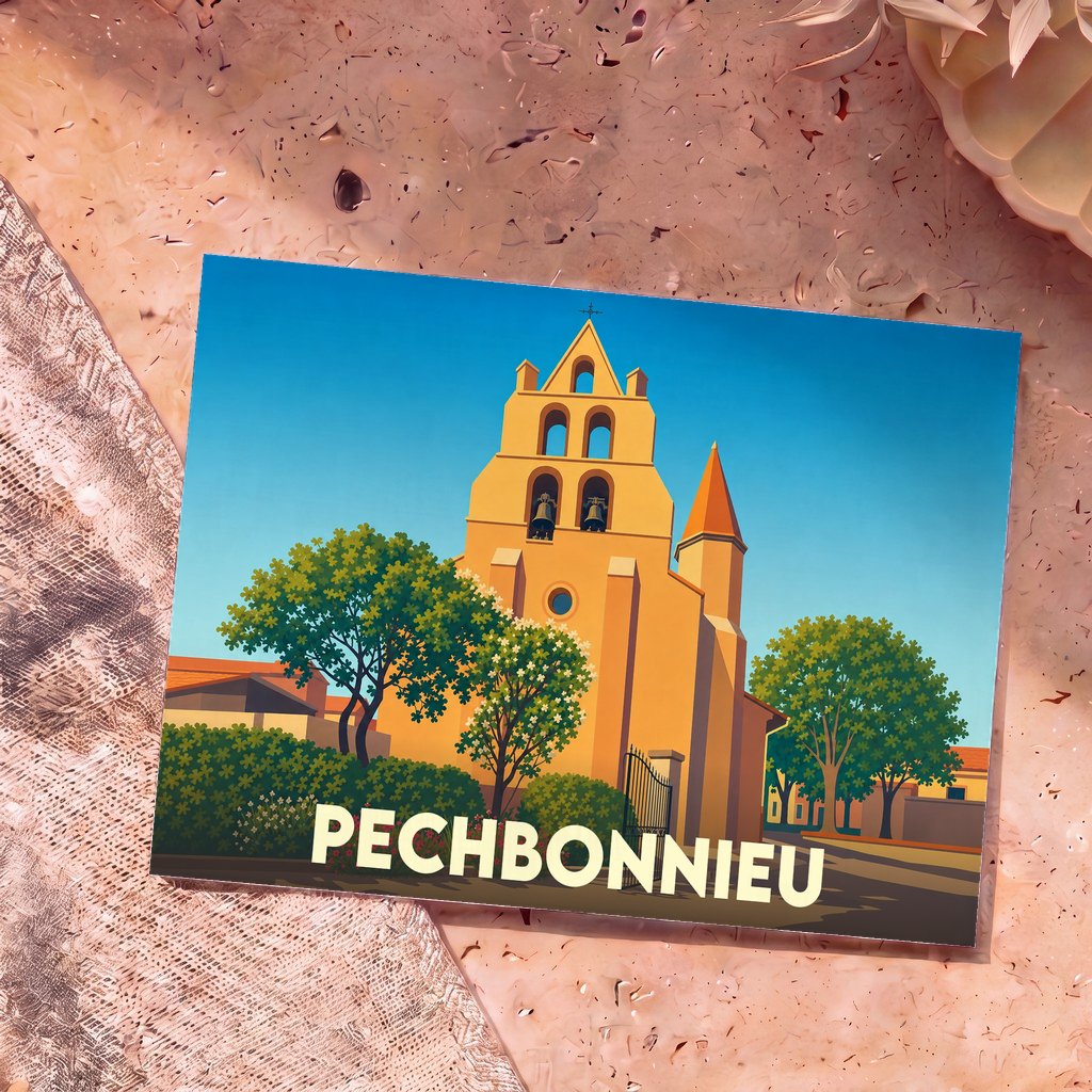 Carte postale souvenir de la ville de Pechbonnieu avec une illustration stylisée de son église à clocher-mur.
