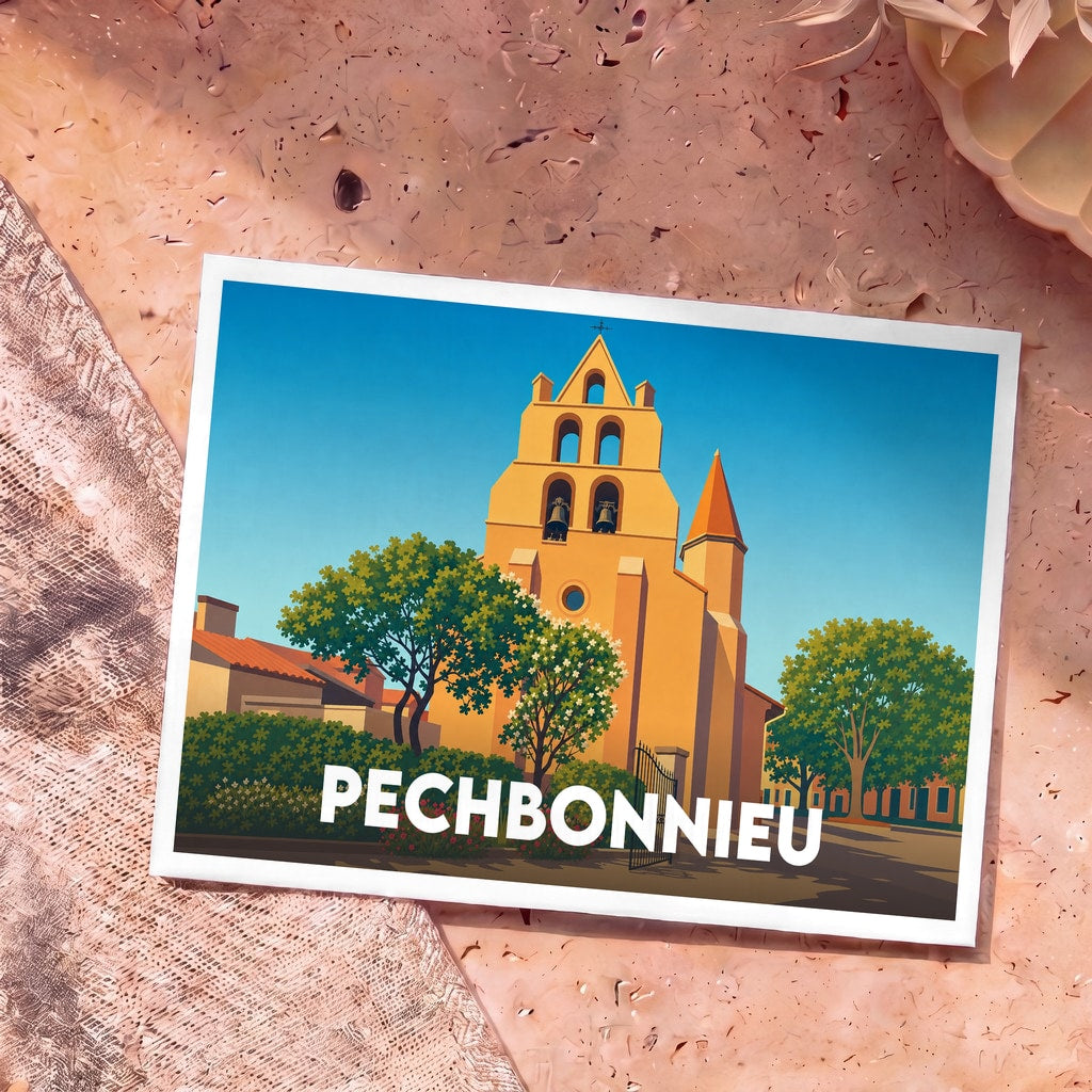 Carte postale souvenir de la ville de Pechbonnieu avec une illustration stylisée de son église à clocher-mur.