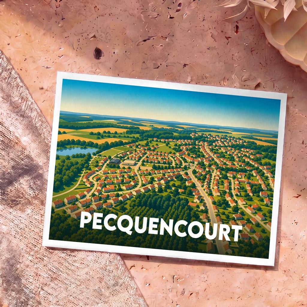 Carte postale souvenir de la ville de Pecquencourt avec une illustration aérienne colorée et stylisée.