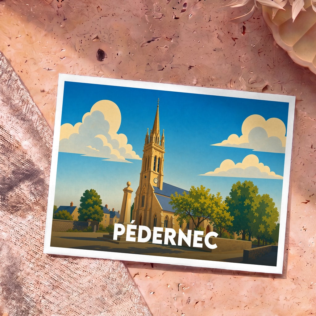 Carte postale souvenir de la ville de Pédernec avec une illustration stylisée de son église.