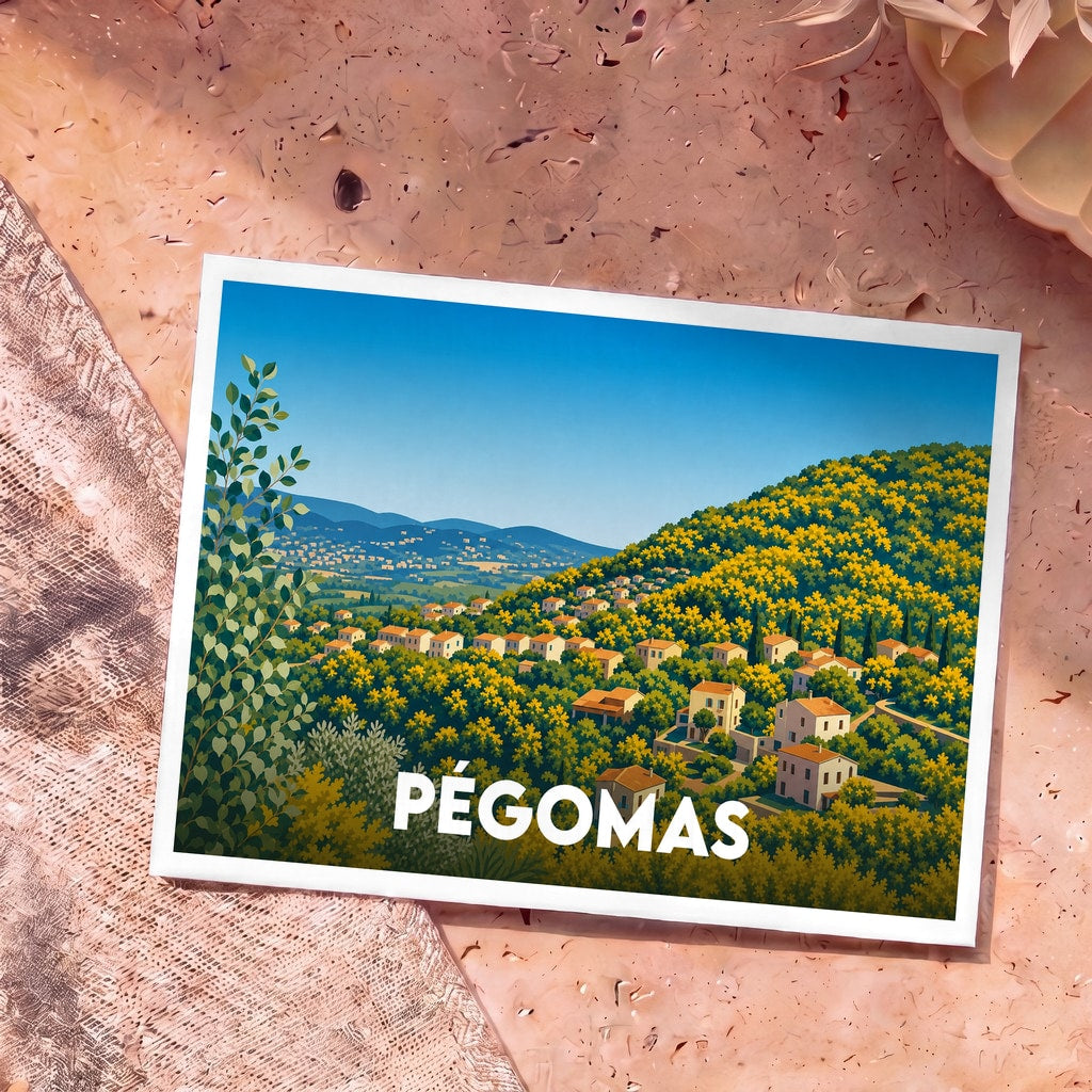 Carte postale souvenir de la ville de Pégomas avec une illustration stylisée de ses collines fleuries et de ses maisons provençales.