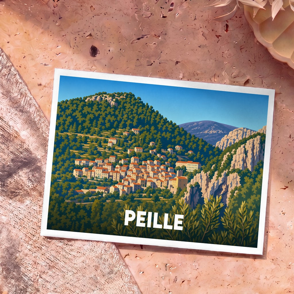 Carte postale souvenir de la ville de Peille illustrant son village perché au cœur d'un paysage montagneux verdoyant.
