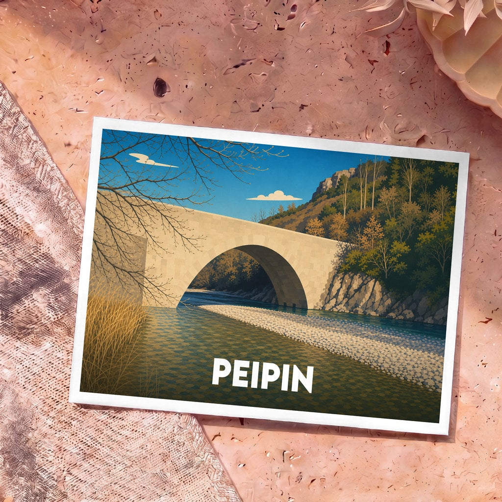 Carte postale souvenir de la ville de Peipin illustrant un pont en pierre au bord de l'eau.