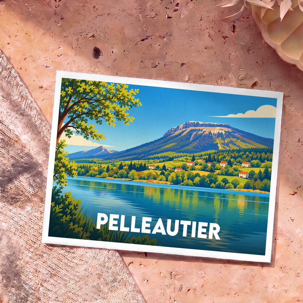 Carte postale souvenir de la ville de Pelleautier avec une illustration stylisée d'un lac et de montagnes.