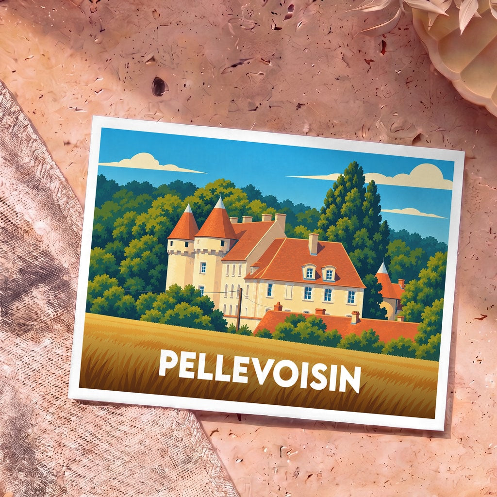 Carte postale souvenir de la ville de Pellevoisin illustrée d'un château stylisé entouré de verdure.