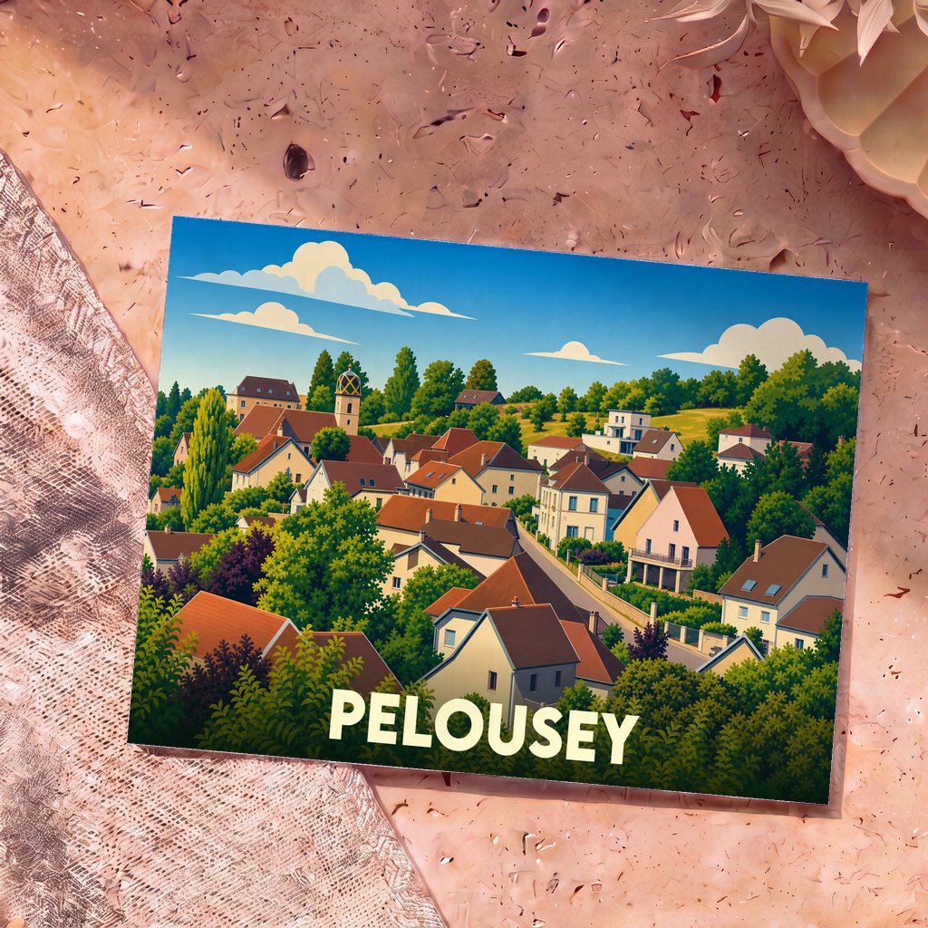 Carte postale souvenir de la ville de Pelousey présentant une illustration stylisée d'un village verdoyant sous un ciel bleu.