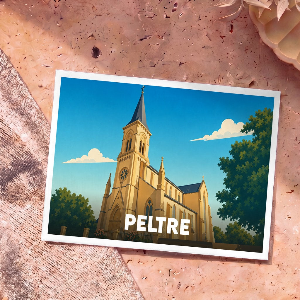 Carte postale souvenir de la ville de Peltre avec une illustration stylisée de son église sous un ciel bleu.