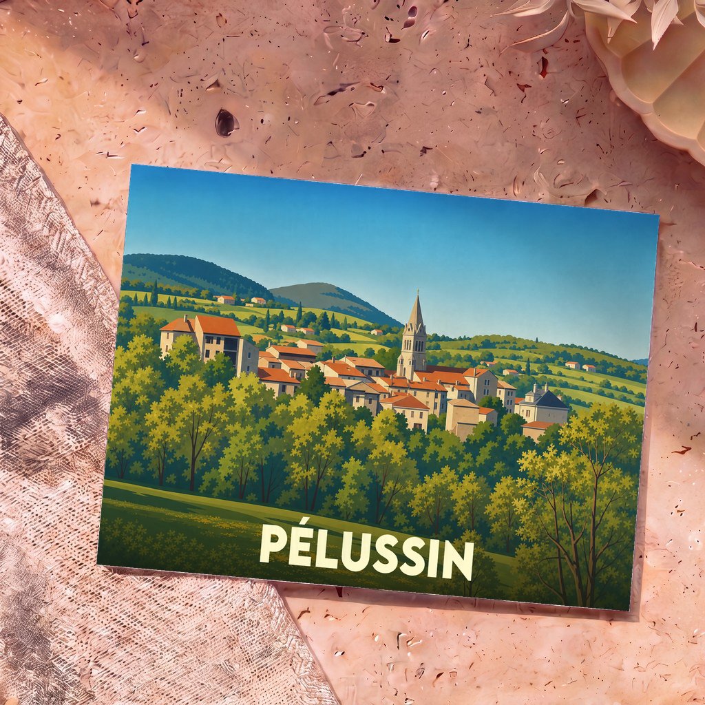 Carte postale souvenir de la ville de Pélussin arborant une illustration stylisée et colorée de ses paysages vallonnés.