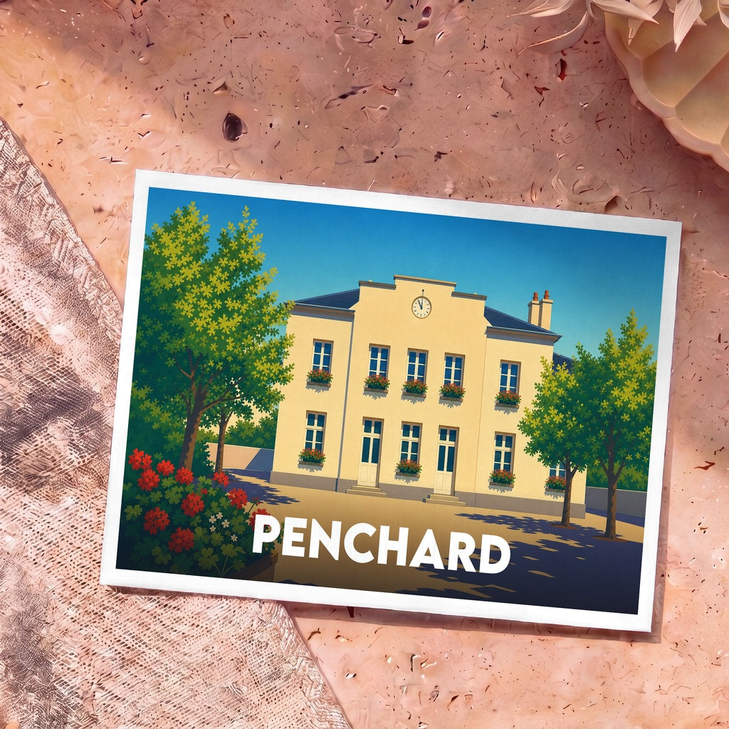 Carte postale souvenir de la ville de Penchard avec une illustration stylisée de sa mairie.