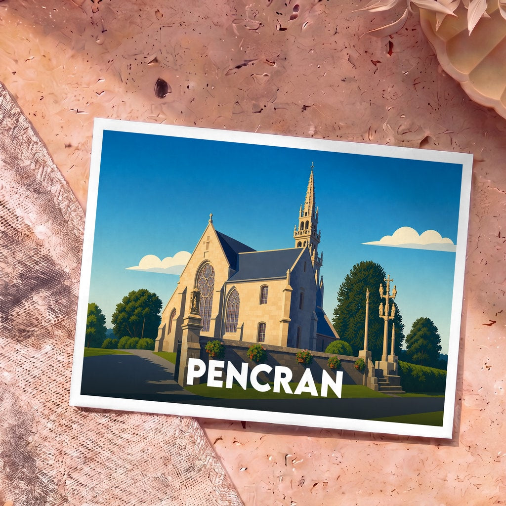 Carte postale souvenir de la ville de Pencran avec une illustration stylisée de son église et de son calvaire.