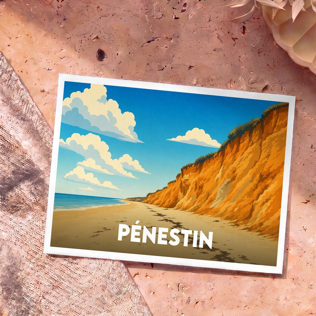 Carte postale souvenir de la ville de Pénestin représentant une illustration stylisée d'une plage bordée de falaises ocres.