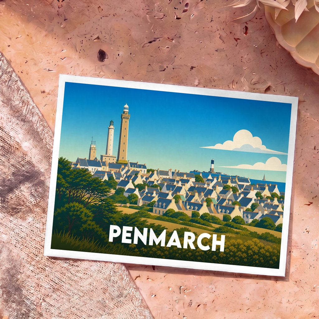 Carte postale souvenir de la ville de Penmarch présentant une illustration stylisée de ses phares et de ses maisons côtières.