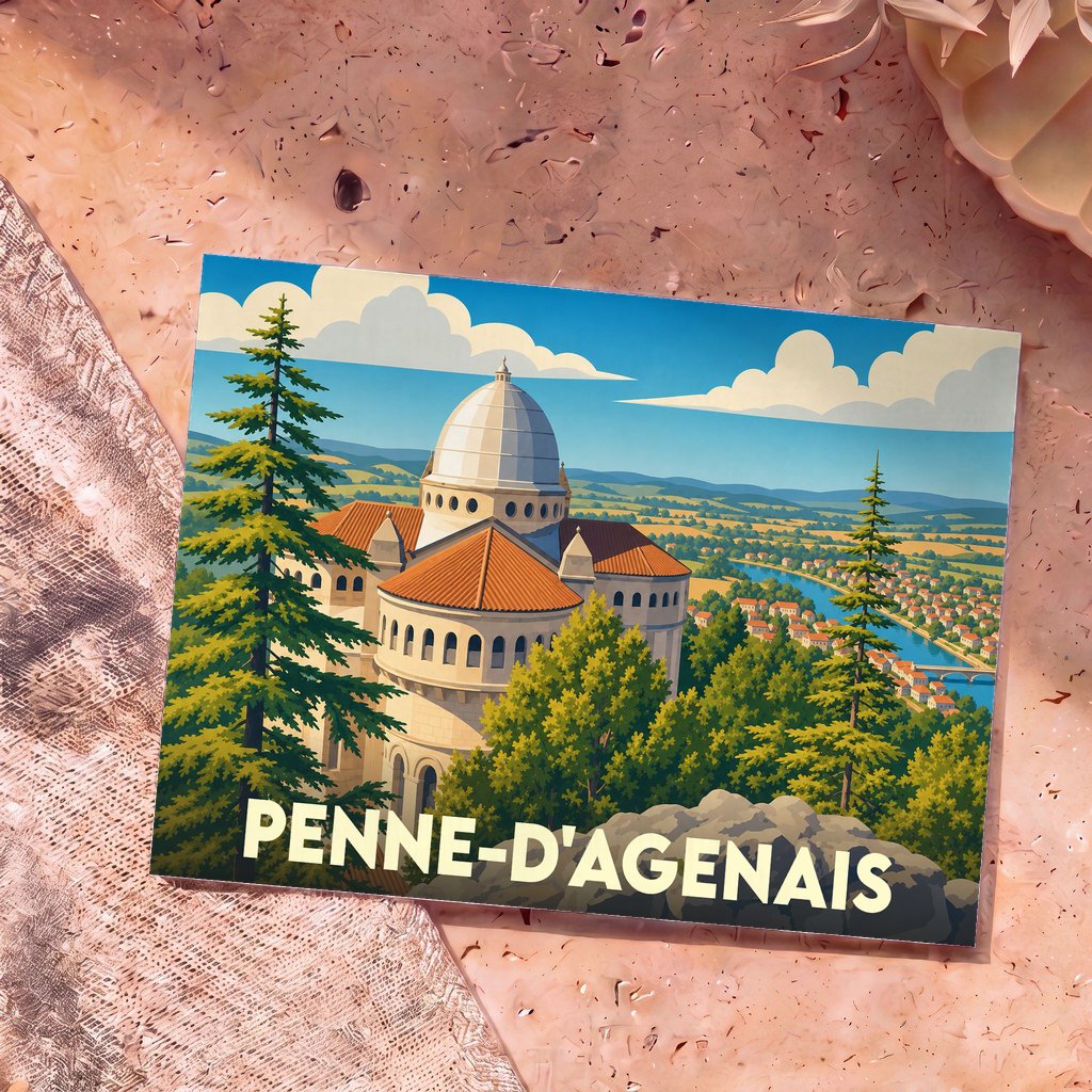 Carte postale souvenir de la ville de Penne-d'Agenais avec une illustration stylisée de sa basilique surplombant la vallée.