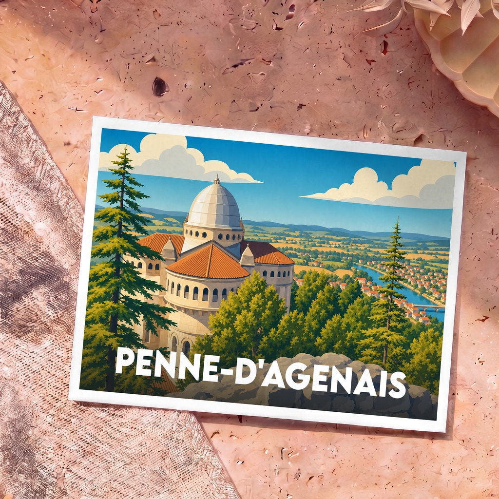 Carte postale souvenir de la ville de Penne-d'Agenais avec une illustration stylisée de sa basilique surplombant la vallée.