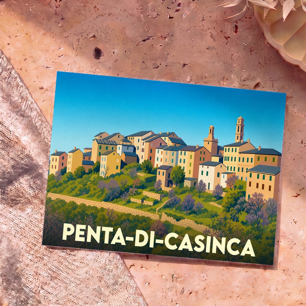 Carte postale souvenir de la ville de Penta-di-Casinca avec une illustration stylisée d'un village corse perché.