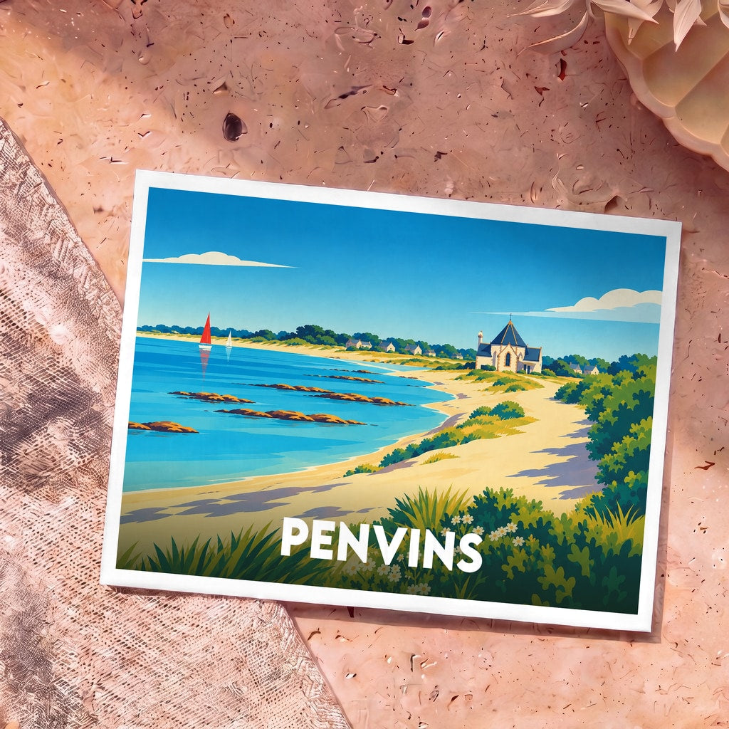 Carte postale souvenir de la ville de Penvins avec une illustration stylisée de sa côte et de sa chapelle.