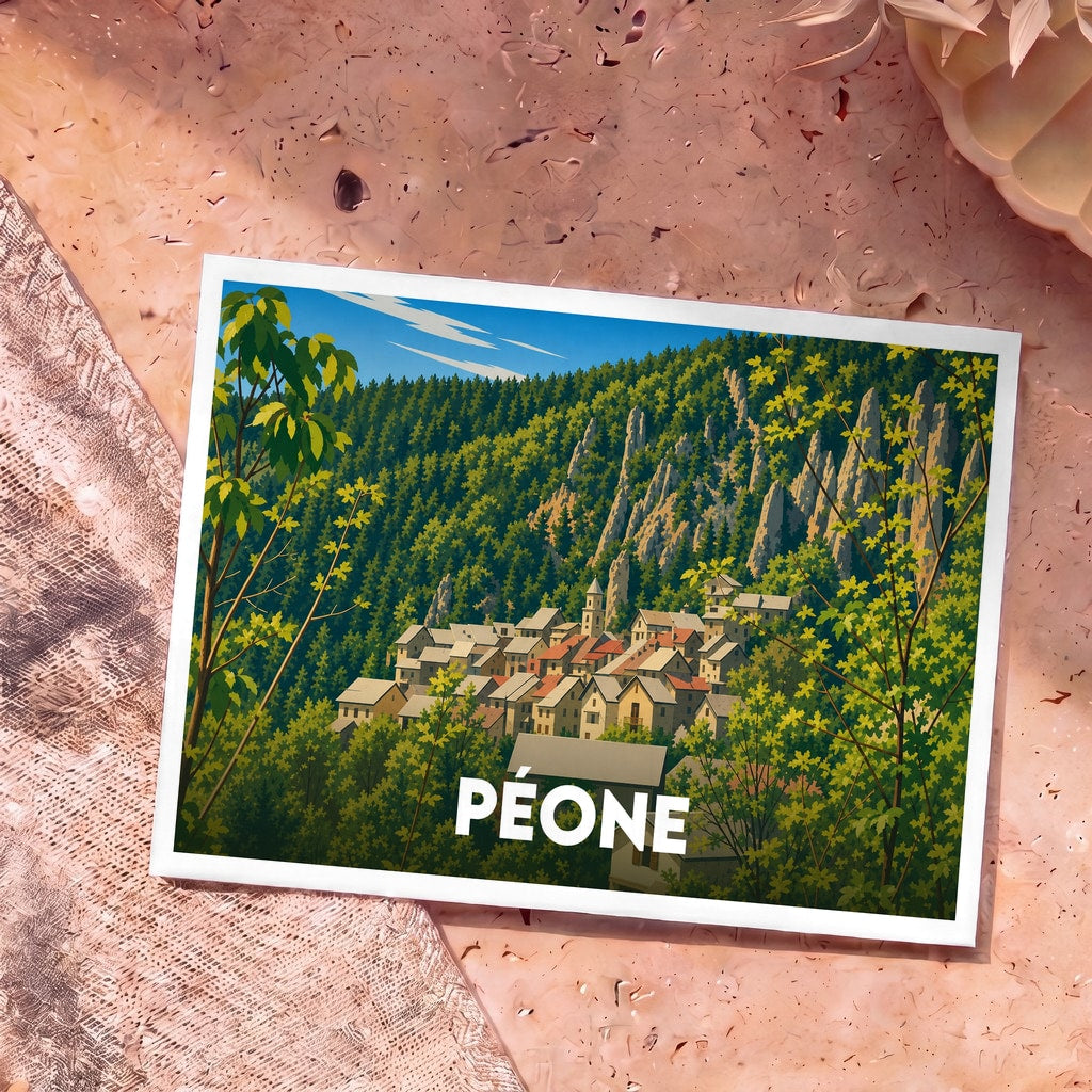 Carte postale souvenir de la ville de Péone avec une illustration stylisée d'un village de montagne niché dans la forêt.