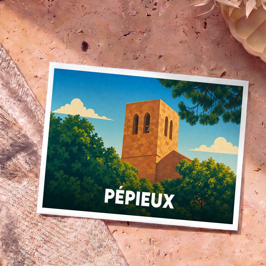 Carte postale souvenir de la ville de Pépieux avec une illustration stylisée de son église entourée de verdure.