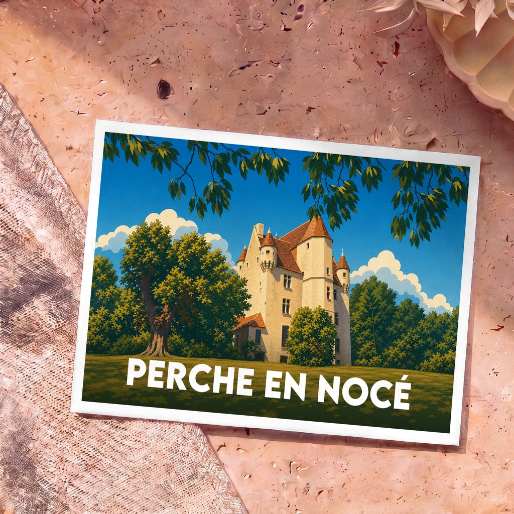 Carte postale souvenir de la ville de Perche en Nocé avec une illustration stylisée d'un manoir.
