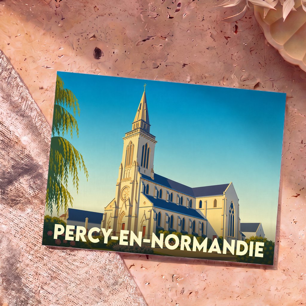 Carte postale souvenir de Percy-en-Normandie illustrant son église dans un style graphique épuré.