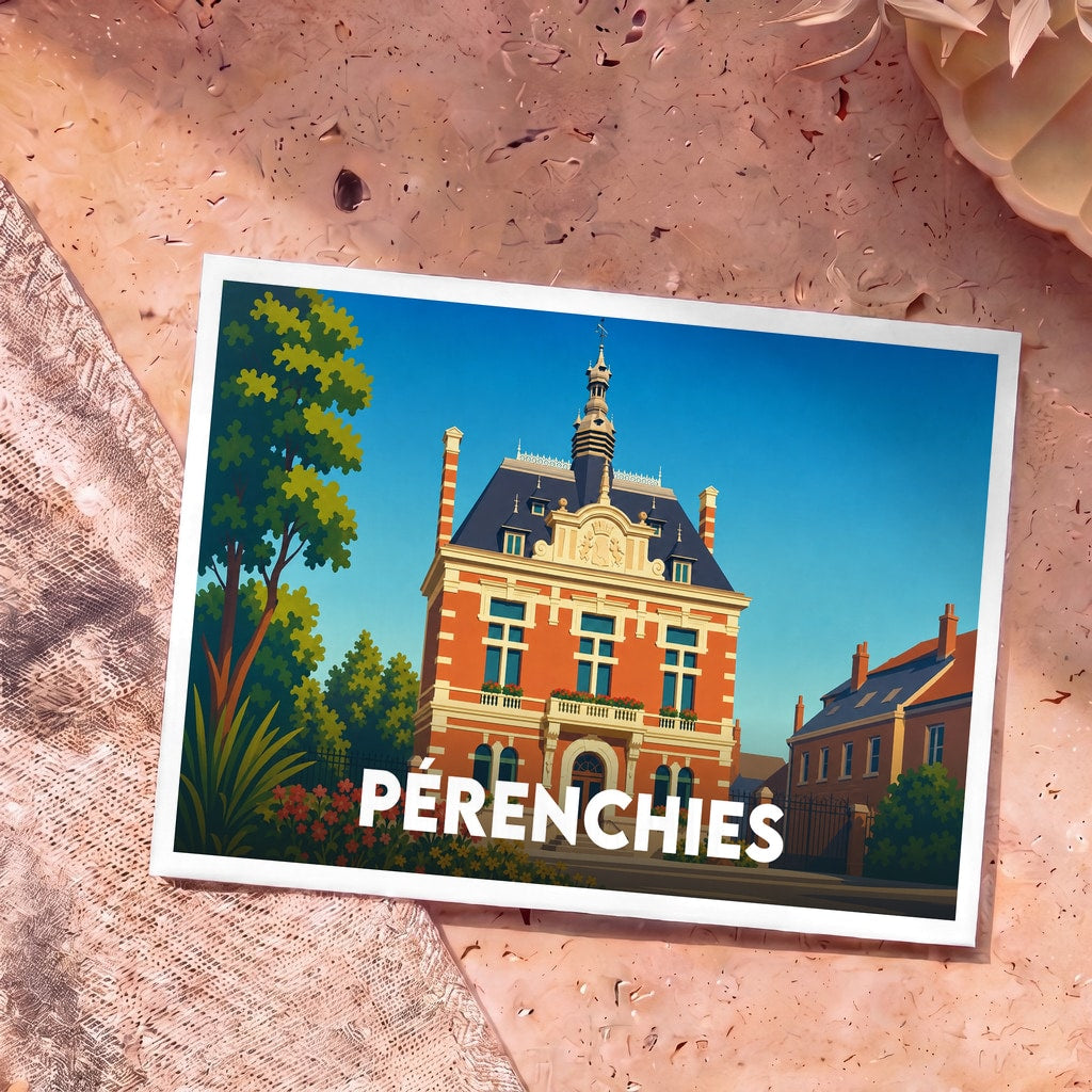 Carte postale souvenir de la ville de Pérenchies illustrant son hôtel de ville dans un style graphique épuré.