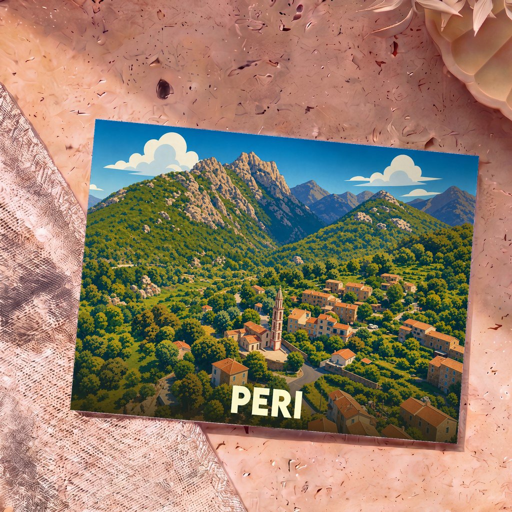 Carte postale souvenir de la ville de Peri avec une illustration stylisée d'un village de montagne corse.