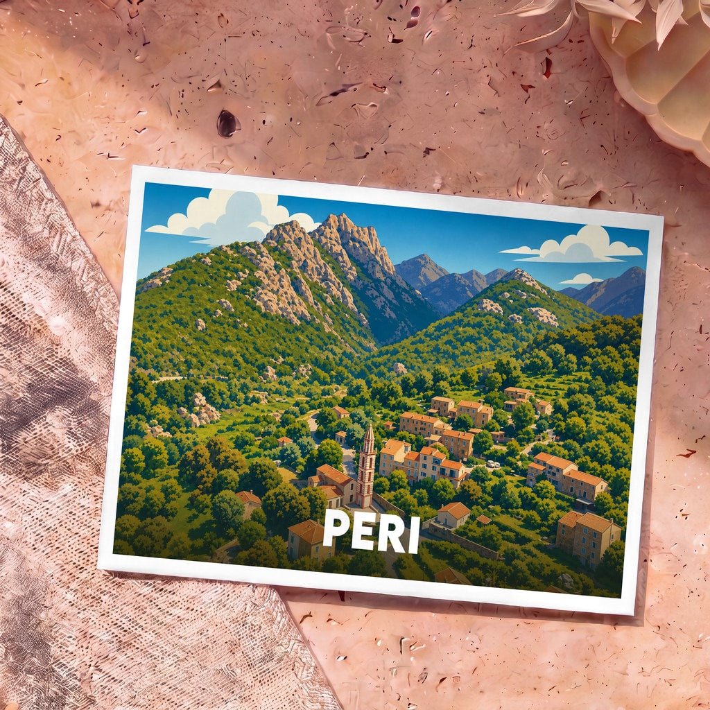 Carte postale souvenir de la ville de Peri avec une illustration stylisée d'un village de montagne corse.