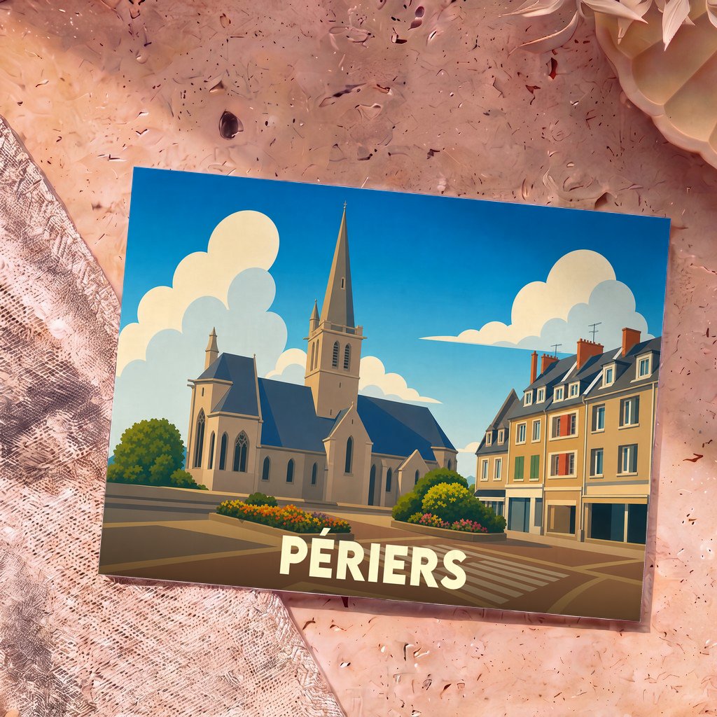Carte postale souvenir de la ville de Périers avec une illustration stylisée de son église et de ses façades colorées.