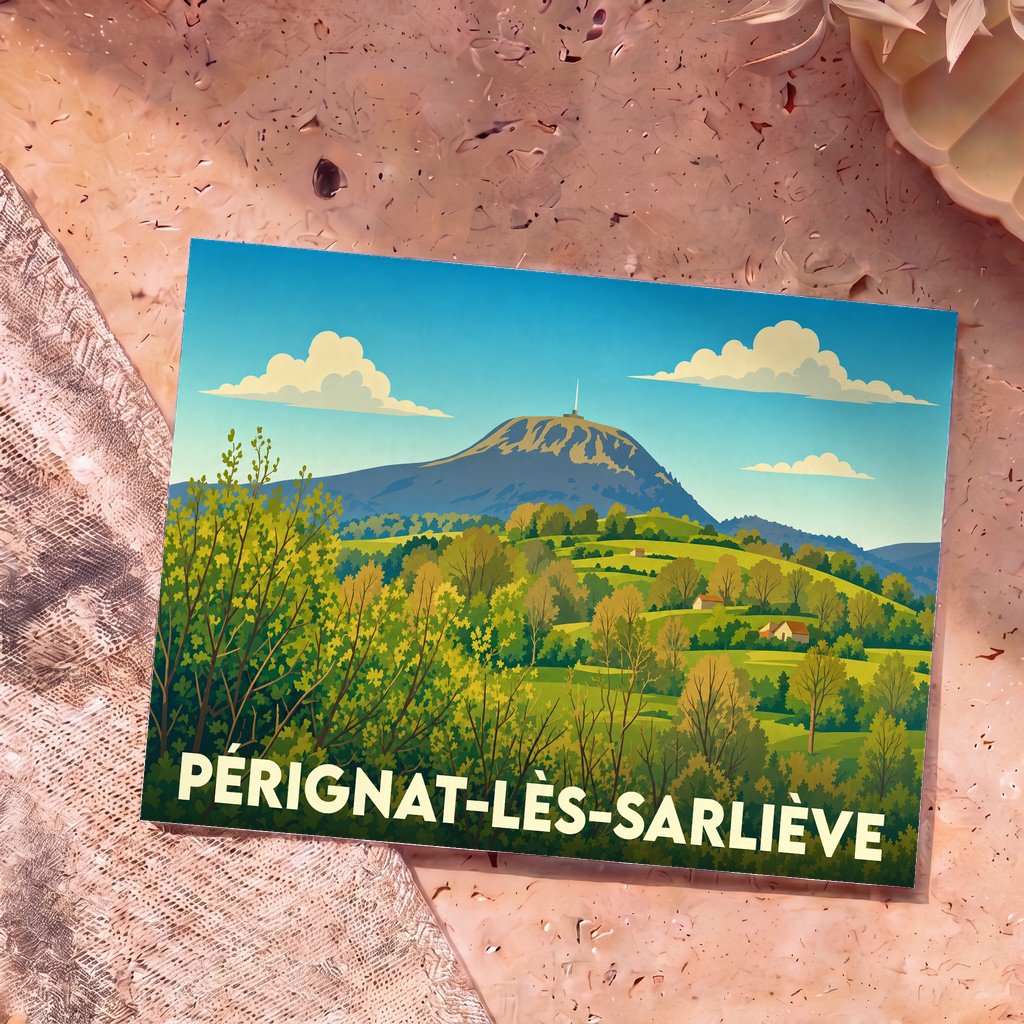 Carte postale souvenir de la ville de Pérignat-lès-Sarliève avec une illustration stylisée du Puy de Dôme dominant un paysage verdoyant.