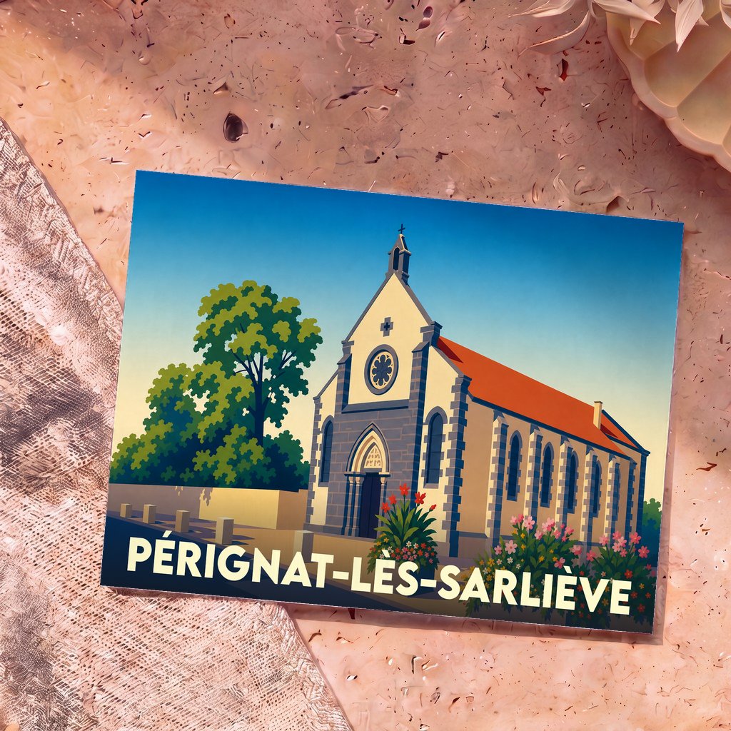 Carte postale souvenir de la ville de Pérignat-lès-Sarliève avec une illustration stylisée de son église.