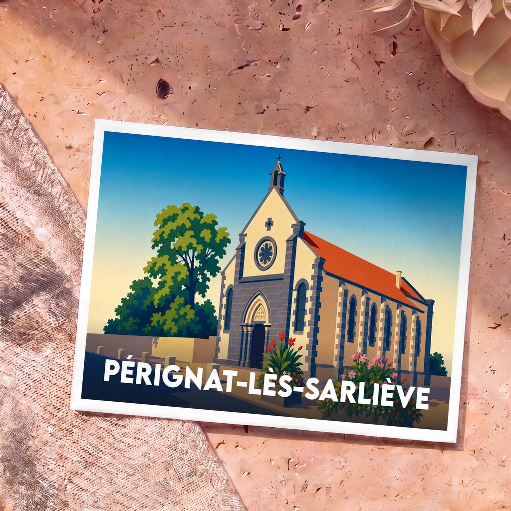 Carte postale souvenir de la ville de Pérignat-lès-Sarliève avec une illustration stylisée de son église.