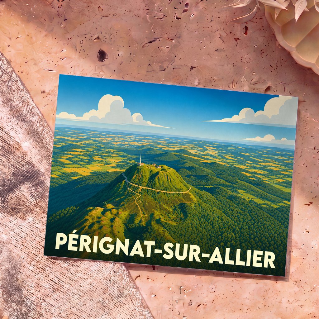 Carte postale souvenir de Pérignat-sur-Allier représentant une vue aérienne stylisée d'un volcan auvergnat.